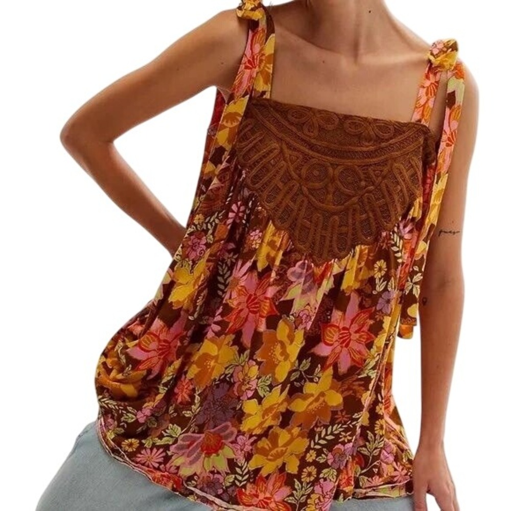 Free People Bali‎ Moroccan Floral Tunic Top Crochet Tie Strap Sleeveless Boho XS